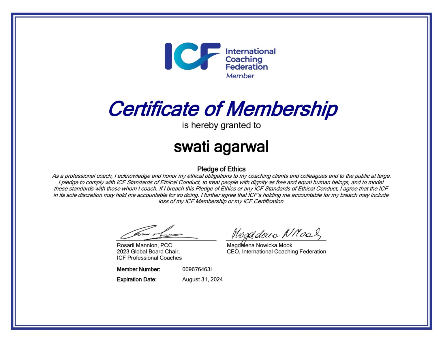 Certificate of Membership - Swati Agarwal